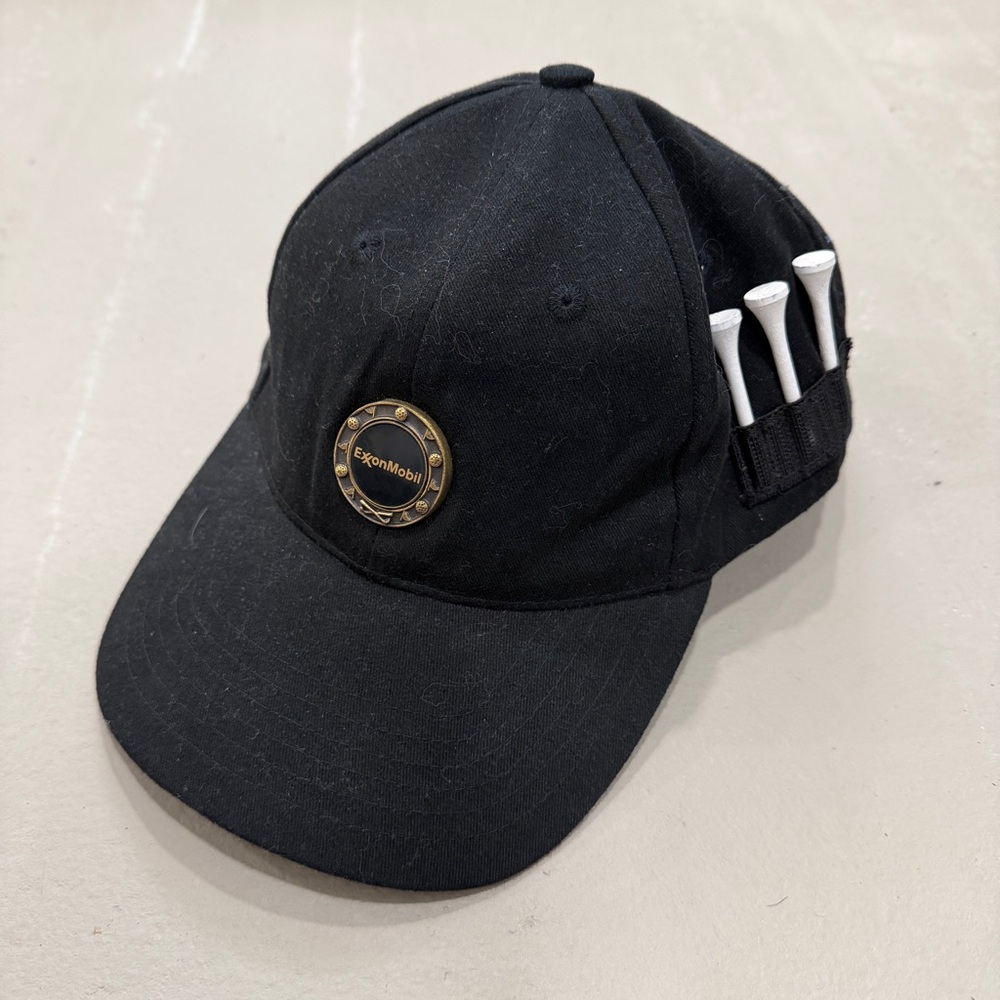 Vintage Exxon Mobil Golf Tee Black Cap Hat Adjustable Cotton NWOT